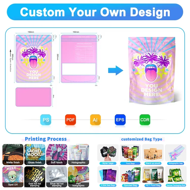 Custom Digital Printed Edible Plastic Stand Up Doypack Pouch Smell Proof Cookie Mylar Bags with My Logo