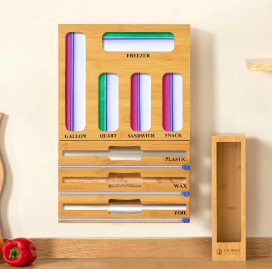 Kitchen 9 IN 1 Wooden Drawer Organizers With Plastic Foil Wrap Dispenser Holder Bamboo Ziplock Bag Storage Organizer