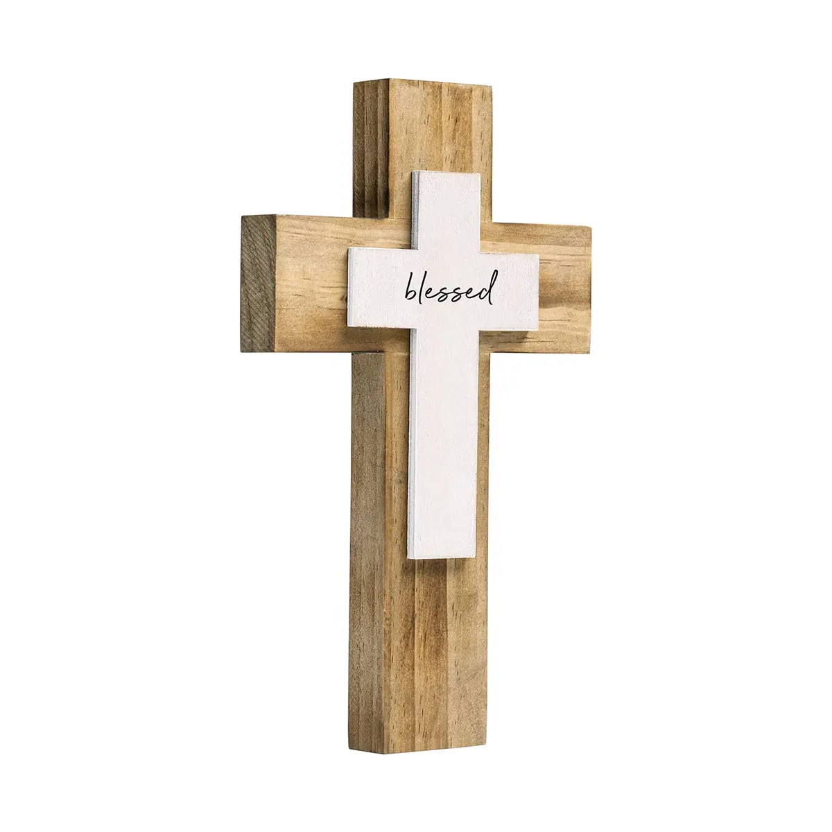 Wall Hanging Handmade Nature Wood Color Cross with Blessed Design for Church Home Room Decor Wood Crucifix Gift