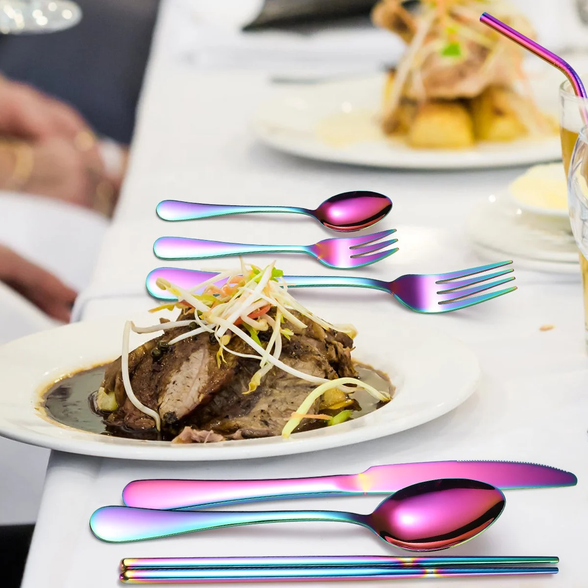 7pcs Silverware Set Stainless Steel Flatware Cutlery Set, Tableware Eating Utensils Include Knife, Fork,Spoon,Dishwasher Safe