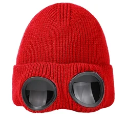 Autumn Winter Men and Women Cashmere Knitted Ski Windproof Glasses Warm Woolen Hat