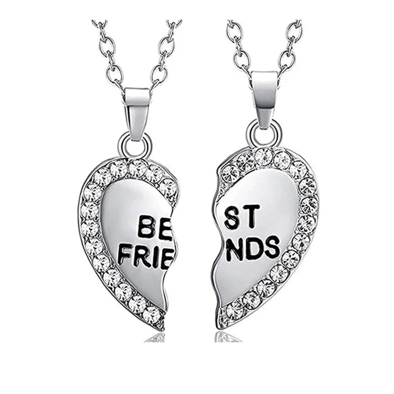 Hot Selling Love Gold 2 BFF Broken Heart Beat Pendant Fashion Diamond Best Friends Rhinestone Letter Necklace