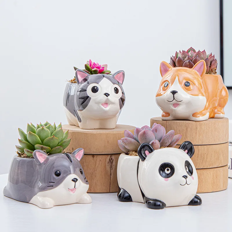Custom Animals Cat Dog Panda Whale Shape Glazed Ceramic Planter Plant Succulent Cactus Pots for Kid Room Decor