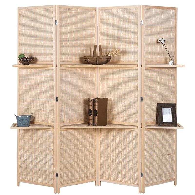Deluxe Woven Beige Bamboo 4 Panel Folding Room Divider Screen With Storage Shelves