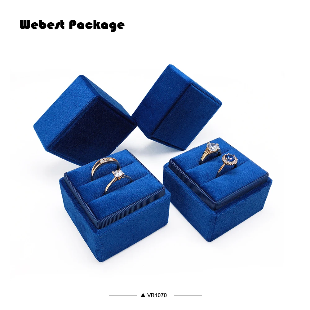 Webest new style navy blue flocked wedding square soft jewelry velvet ring box