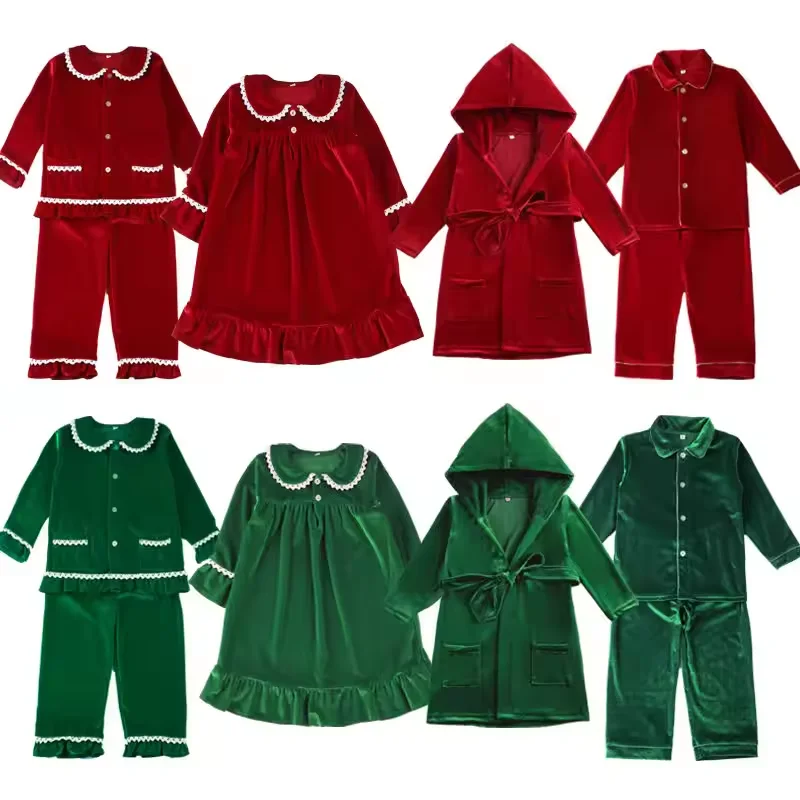 Christmas family matching  button down  pajamas set toddler girl ruffle nightgown kids baby boy girl solid red pajama