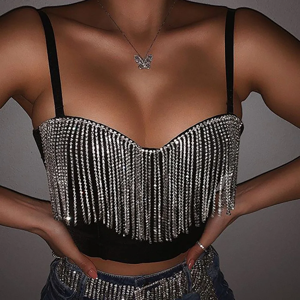 2022 New Arrival Spring Summer Fashionable Rhinestone Tassels Wrap Sexy Crop Top Women Tank Top