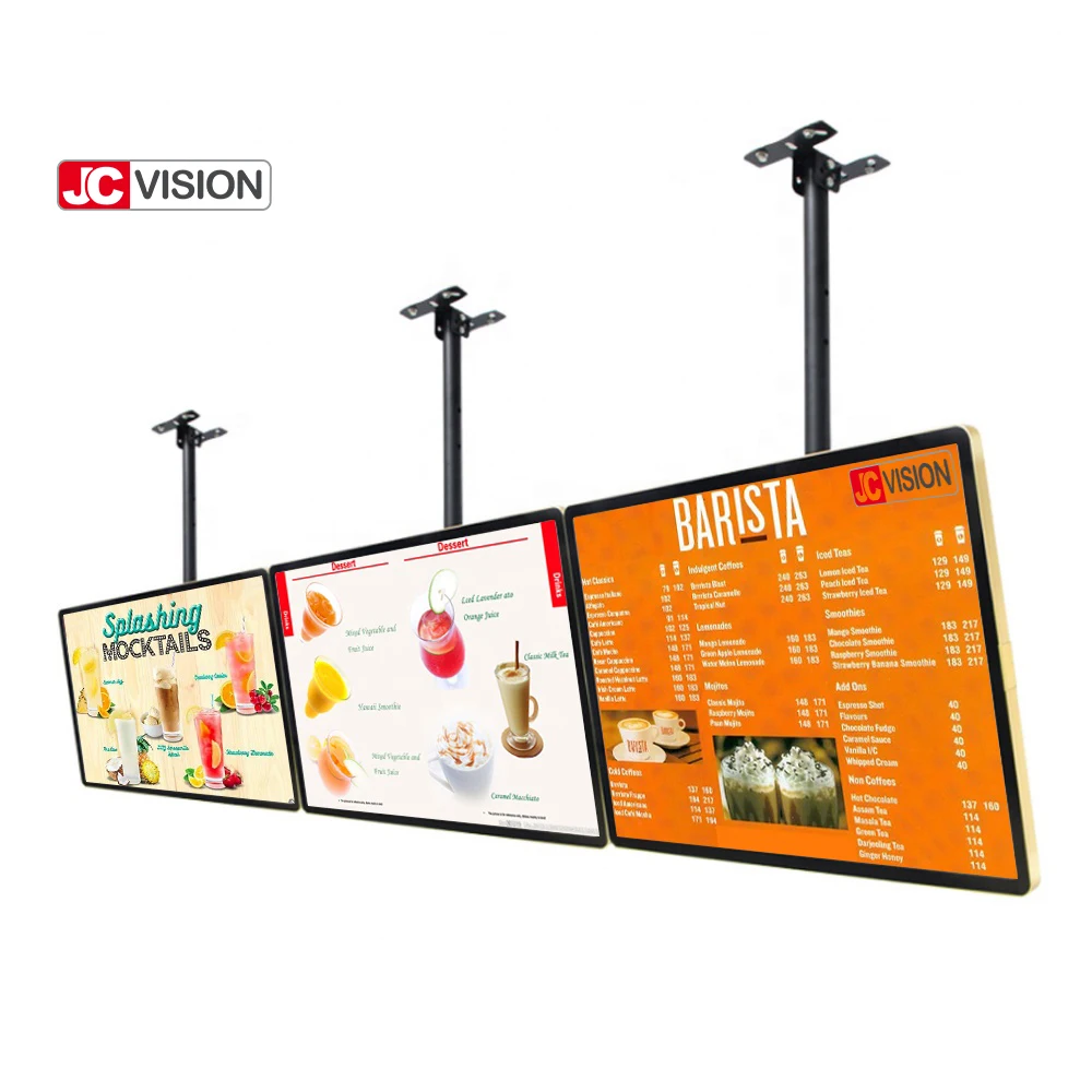 JCVISION Hanging Wall mounted HD LCD  creen advertising display electronic digital menu board for restaurant/cafe shop