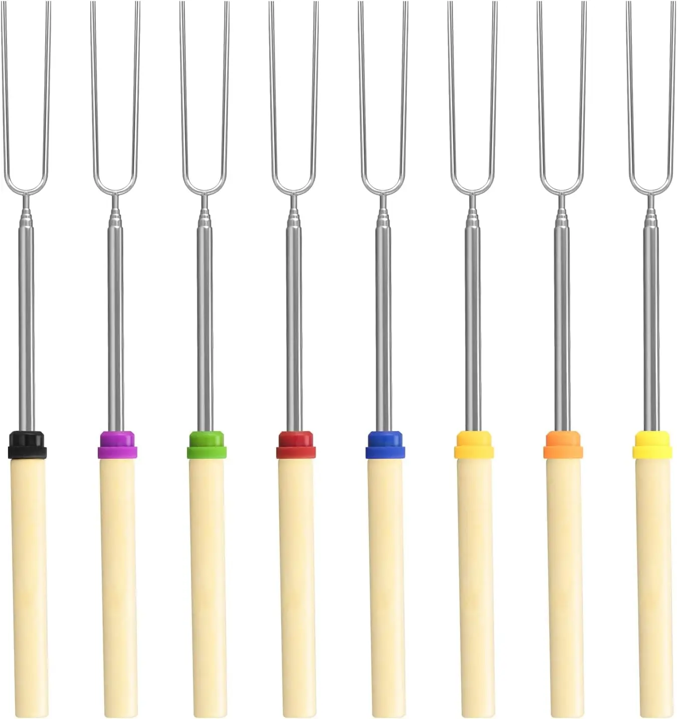 8 Pack Marshmallow Roasting Sticks Set, Extendable 32in Long Metal Barbecue Skewers with Wooden Handle Camping, BBQ, Grill