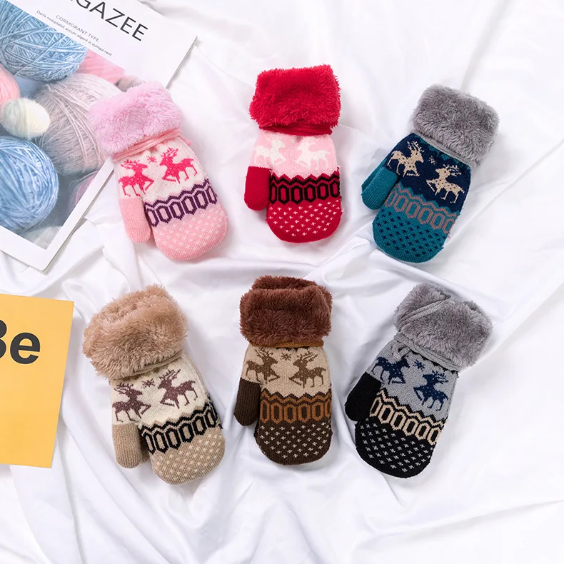 Full Finger Kids Gloves Winter Warm Knitted Mittens Plush Thicken Christmas Gloves For Infant Boys Girls