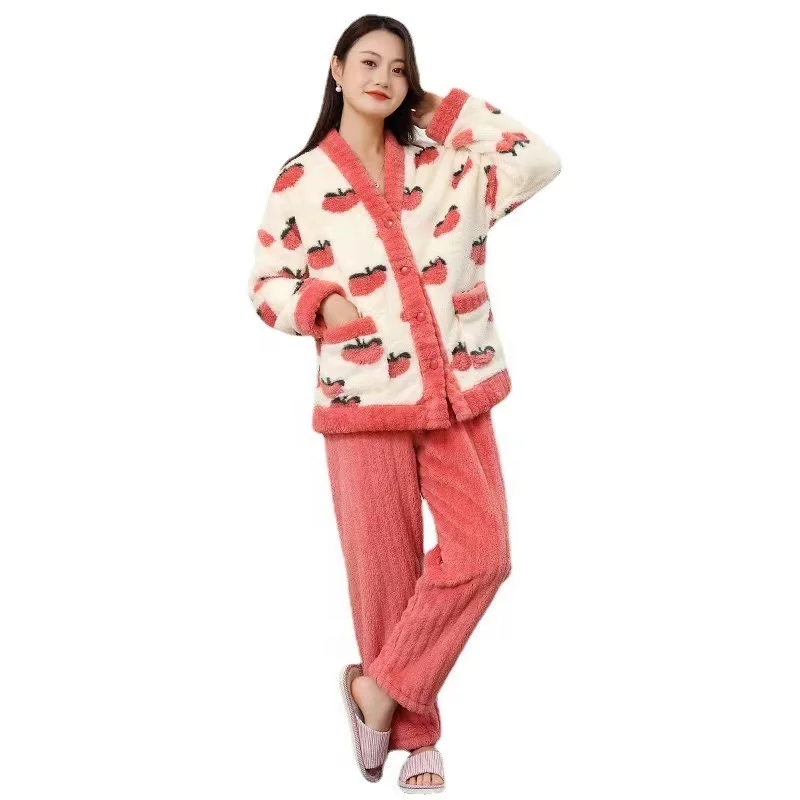 New Winter Fleece Pajamas Thickened Warm And Comfortable Homewear For Women Long Sleeved Velvet Cute Home Heating Set