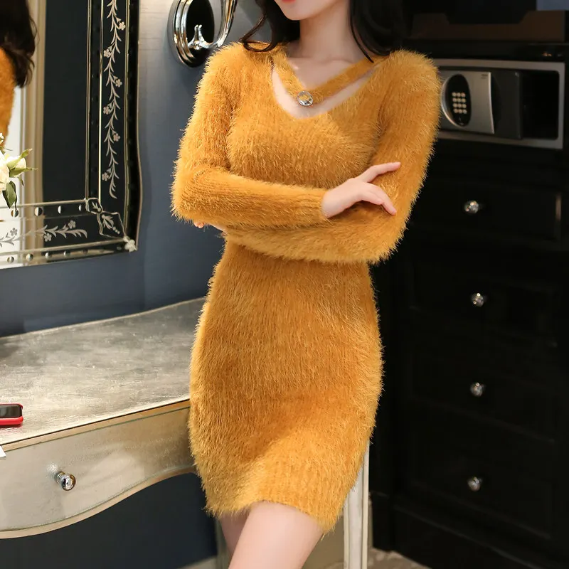 2021 new arrival crew neck halter long sleeve mohair slim fit sweater dress