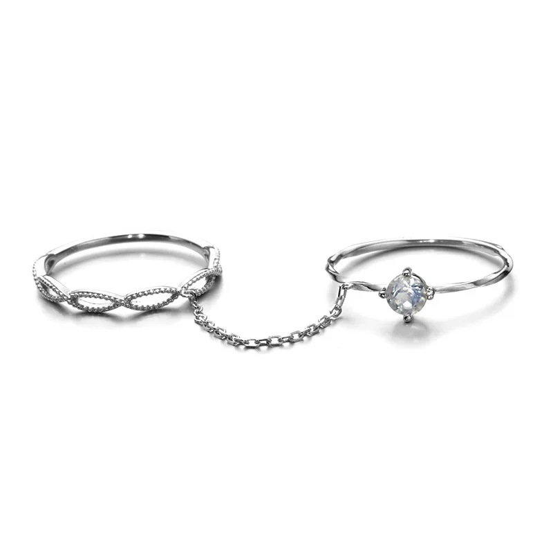 Silverbene Party Natural Moonstone Double 925 Sterling Silver Ring