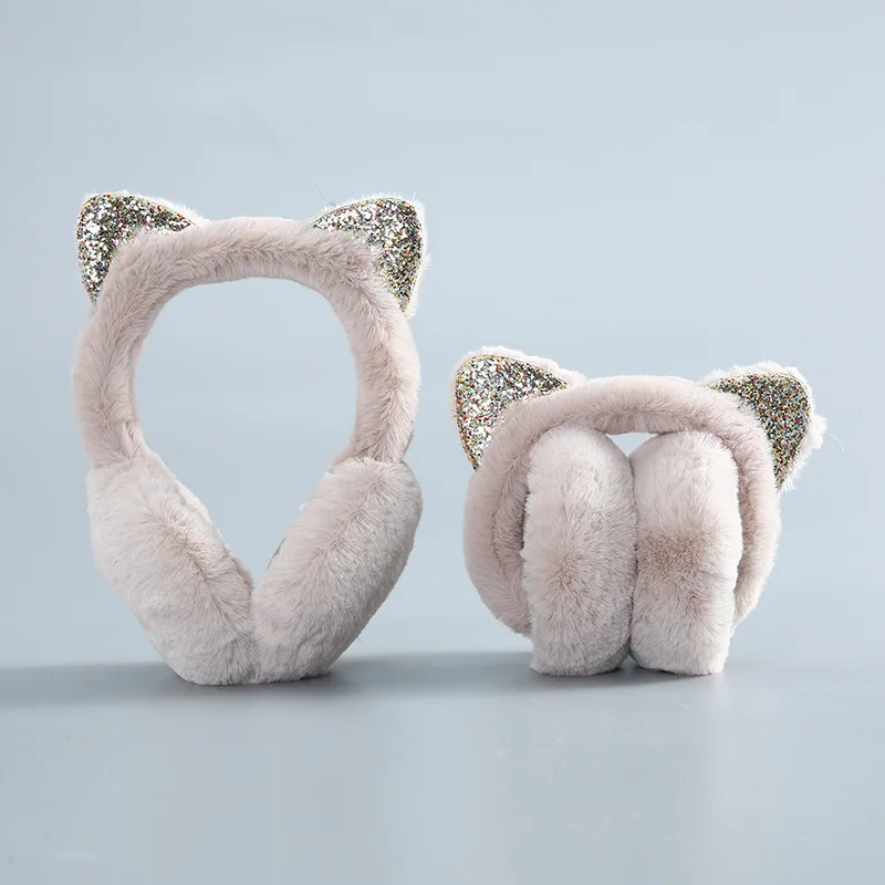 Winter Glittering Sequins Cat Ear Warmer Cute Soft Faux Fur Wool Earmuffs Headband Plush Foldable Ear Muffs For Women Girls