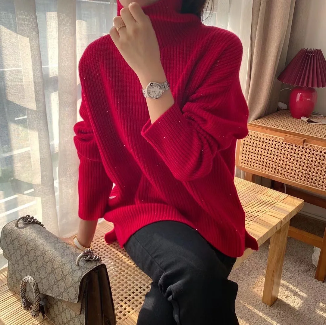 
Korean version of 100%wool shiny silk luxury bottoming shirt pit knit pullover sweater women 