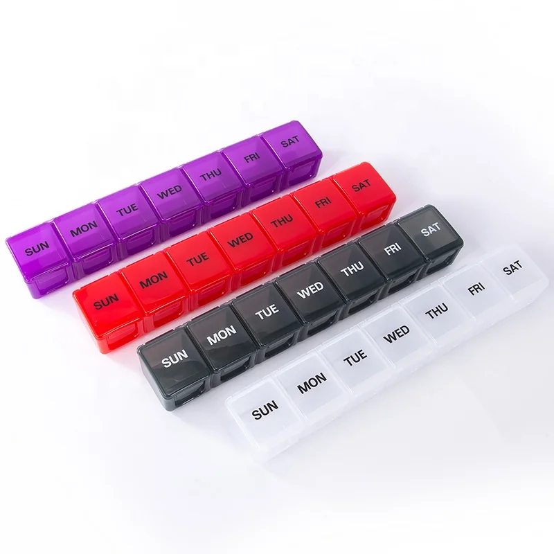Factory Price Portable Weekly Pill Box 7 Days 7 Compartment Square Pill Case Transparent/Black Long Pill/Medicine Dispenser