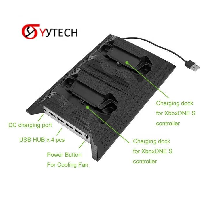 SYYTECH Game Console Cooling Fan Controller Dual Charging Stand for Xbox One S 4 Port USB HUB Charger Game Accessories