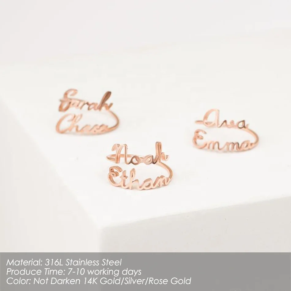 Women Stainless Steel Gold Plated Custom Personalized Name Open Letter Jewelry Adjustable Ring