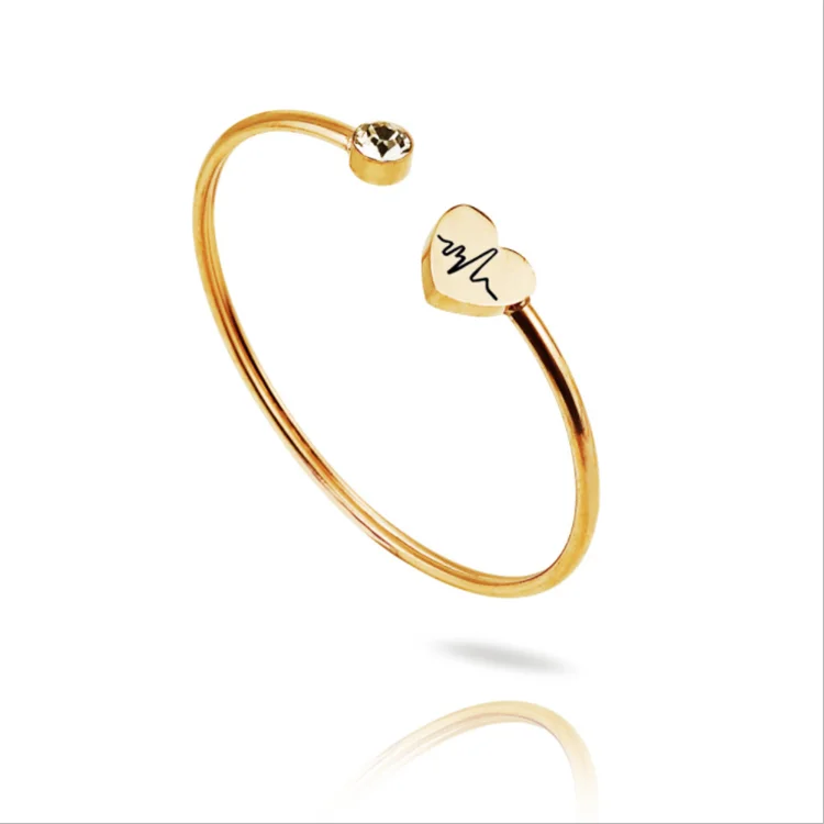 Fashion shiny diamond elastic bracelet ECG heartbeat couple bangle electroplating alloy stainless steel heart bracelet jewelry