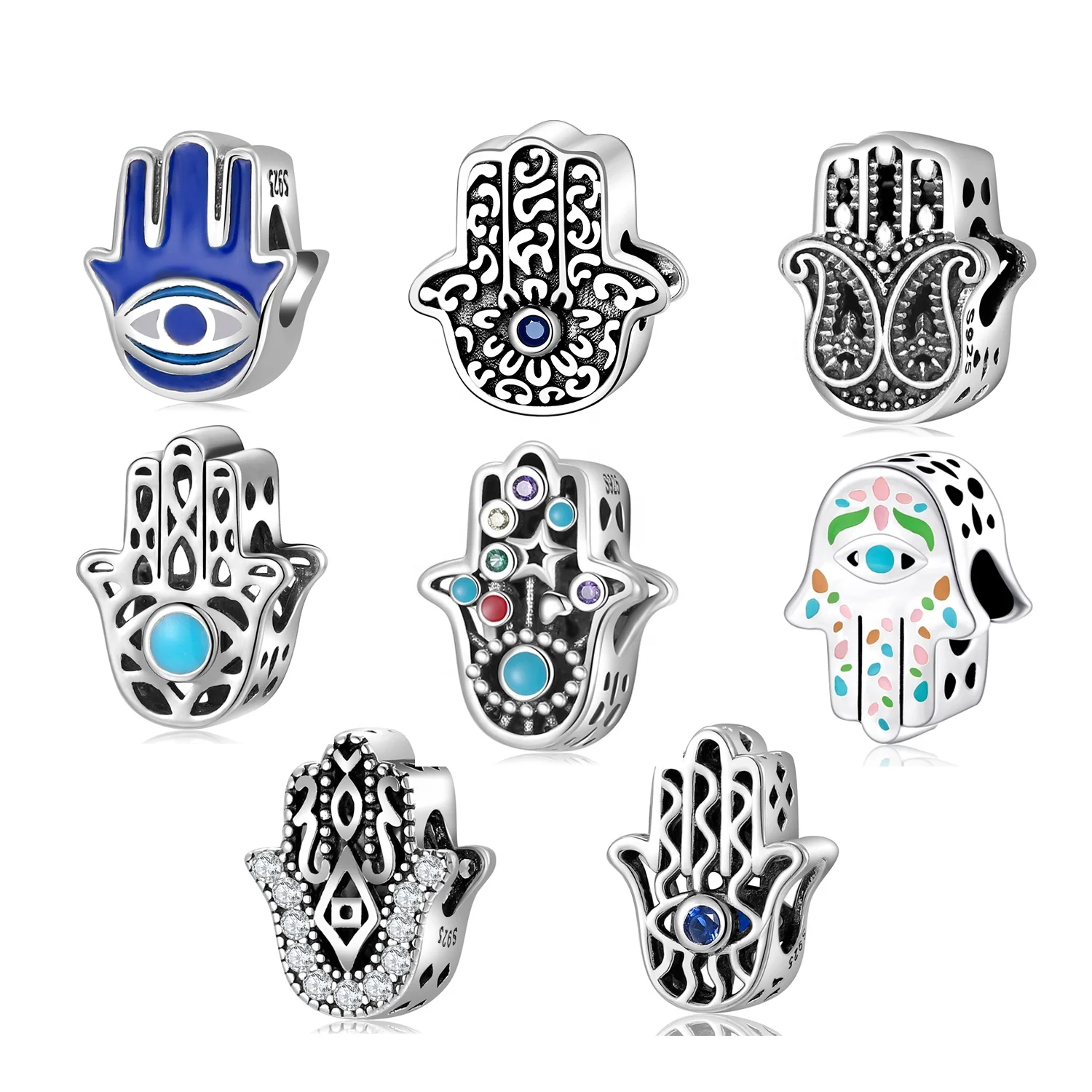 Real 925 sterling silver Blue Enamel Charm Fatima Hand Beads DIY Jewelry Fit Charm Bracelet Fashion jewelry Wholesale lots bulk