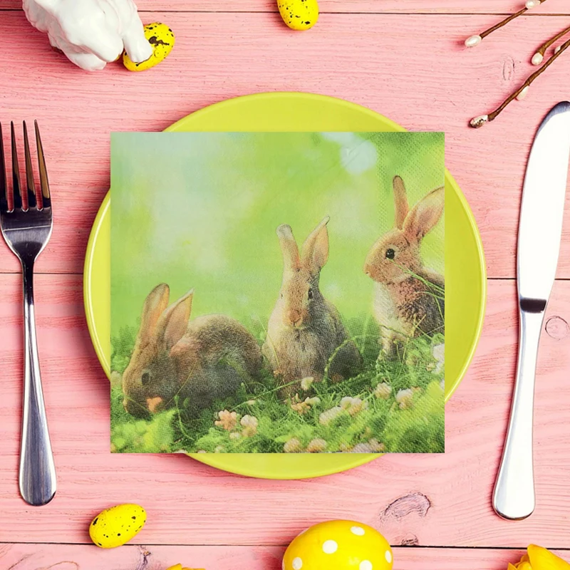 LR 6.5Inch Easter Vivid Rabbit Printed Food Grade Dinner Beverage Paper Napkins For Festive Party Table Disposable Decorations