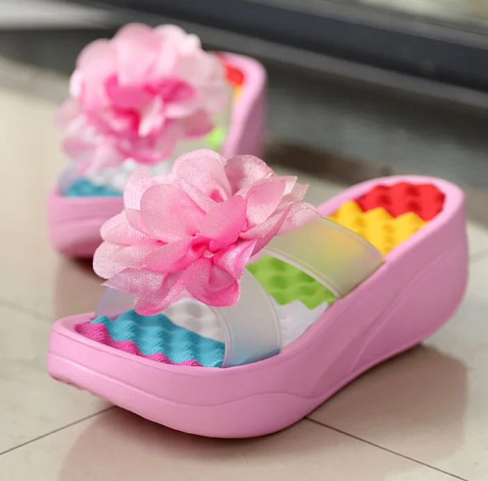 cy30487a Summer thick sole high heel flower slippers for women shoes wholesale stylish home slippers