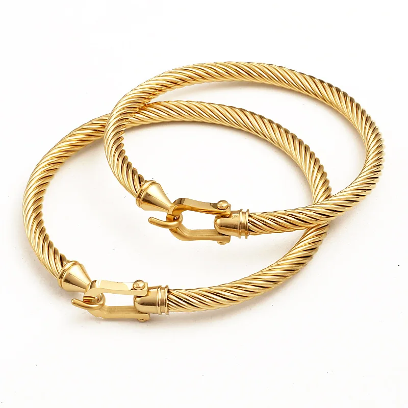 PVD Gold Plated Polished Stainless Steel Clasp Rope Bangle | Nautical Inspired Bracelet Waterproof Hypoallergenic & Non Fade