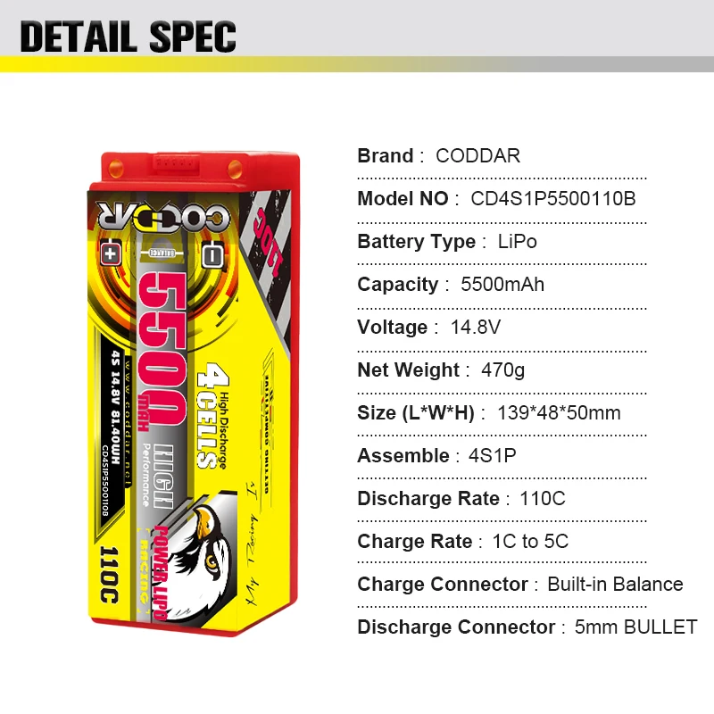 CODDAR 4S 5500MAH 14.8V 110C 220C 5mm Bullet Hard Case RC LiPo Battery 1/10 1/8 Scale RC Car Boat Truggy