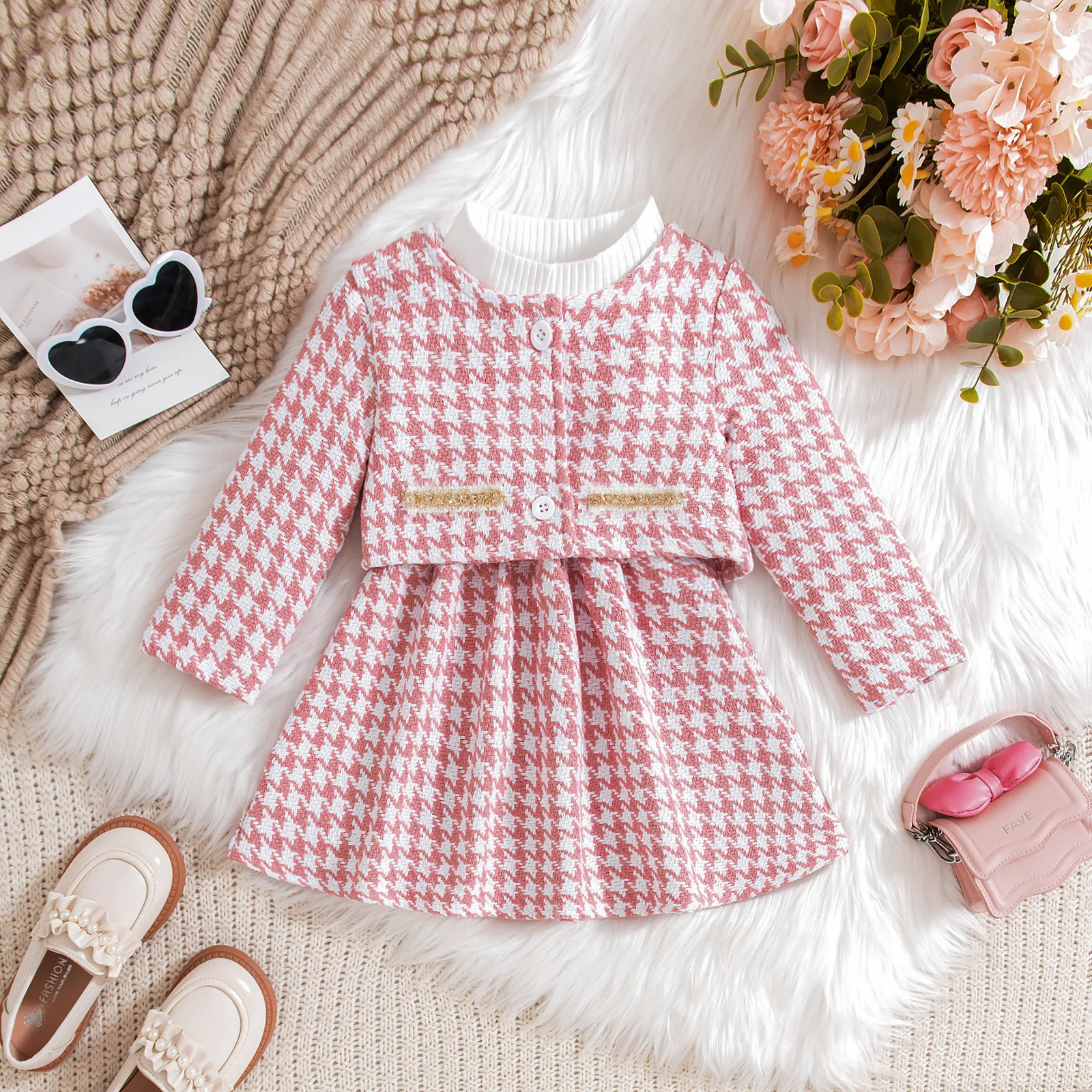 Sunny Baby 0-4T Fall And Winter New Girls Long-Sleeved Jacket + Dress Two-Piece Set Kids Winter Girl Sets Clothes Baby Gown