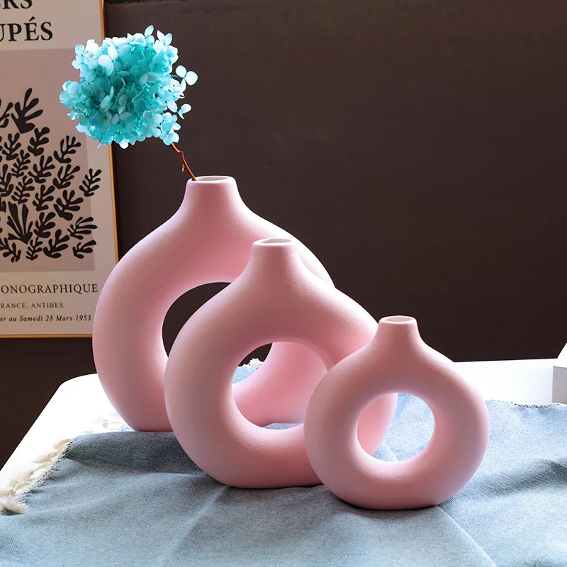 Ins Style Modern Ceramic Hollow Donut Vase Decor Chinese Style Glass Tabletop Flower Vase for Home Decoration