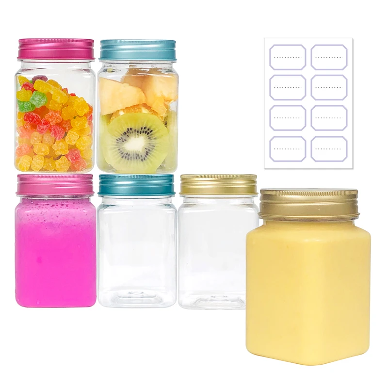 Empty 12 oz Clear Food Grade Plastic Square Jar Storage Containers with Metal Lid