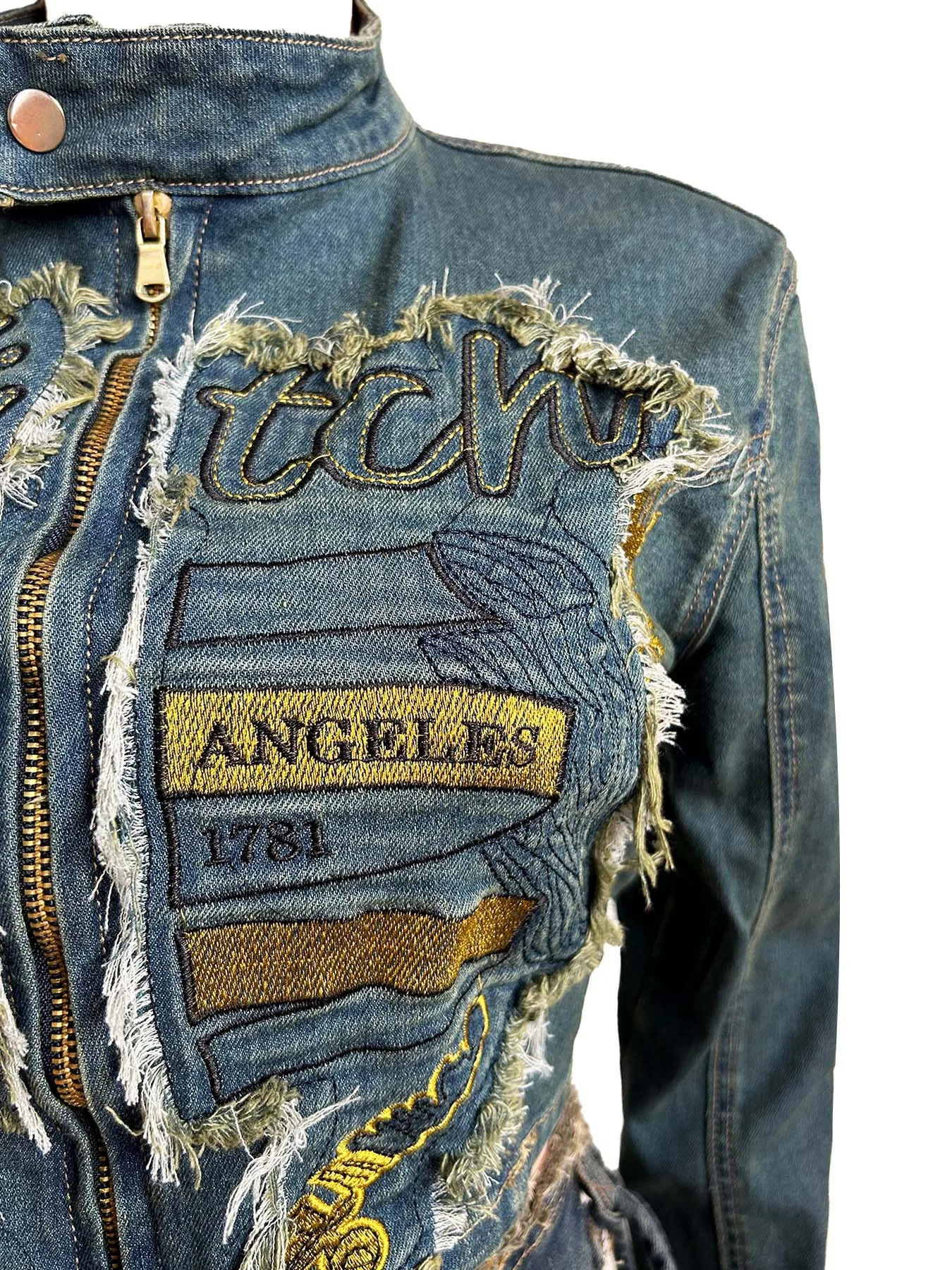 Women Ribbed Jacket Pleated Skirt Denim Set High Neck Short Zippered Cardigan Embroidery 2 Piece Skirt And Jackets Set For Women