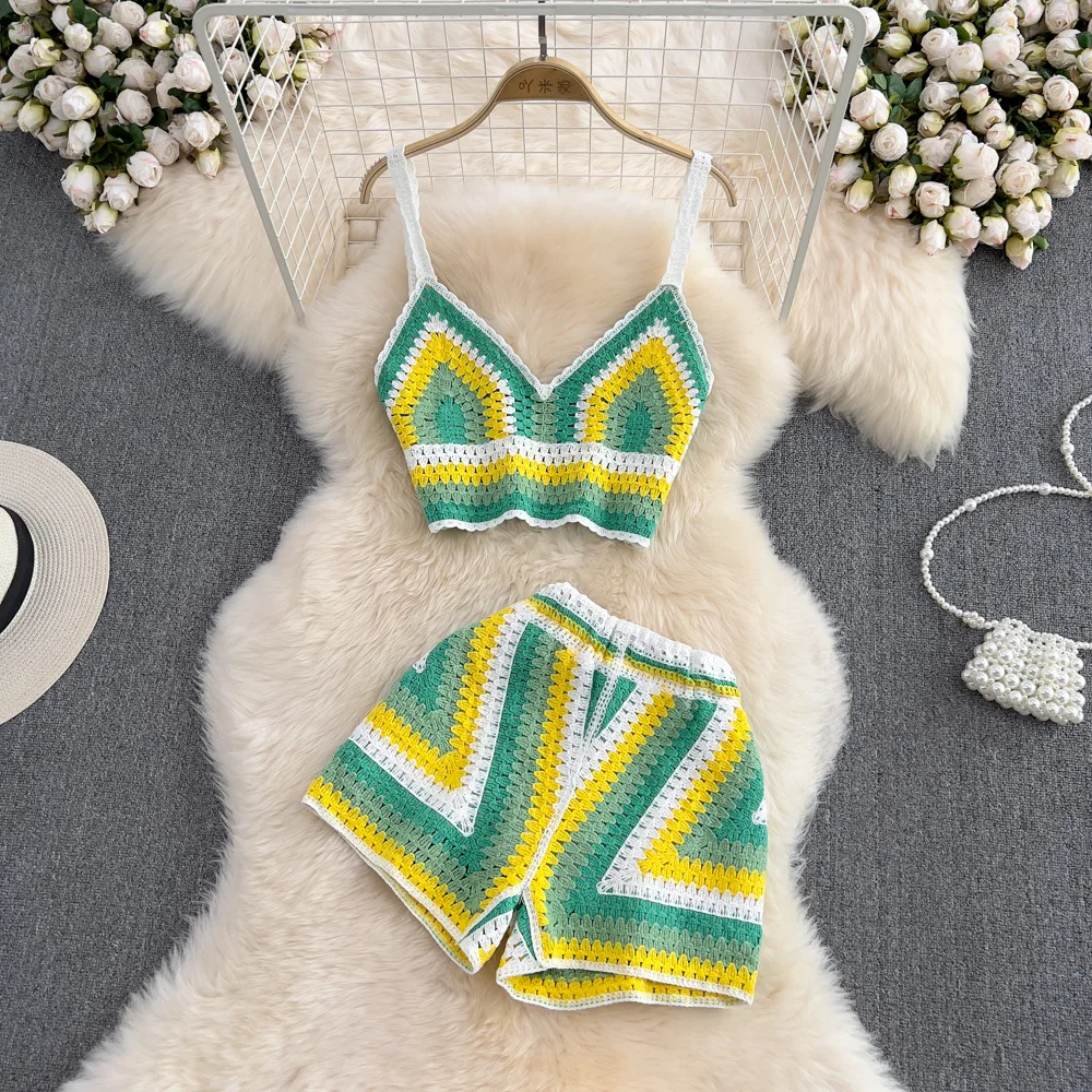 2023 Summer Women Handmade Crochet Knit Set Sexy Low Cut V-Neck Strap Vest High Waisted Wide Leg Shorts Two-Piece Set