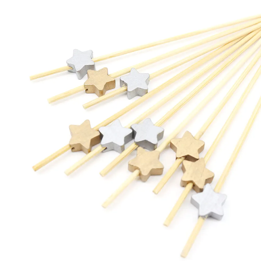 Gold Silver Stars Cocktail Skewers Bamboo Stick With Bark Decorative Artificial Bamboo Fruit Stick