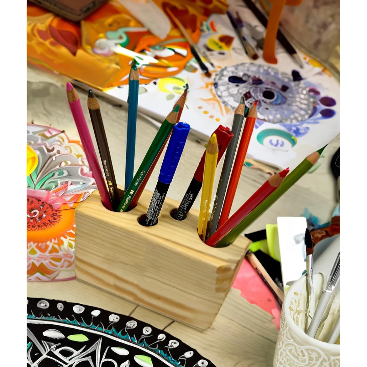 Wooden desktop pencil holder Crayons Desktop office pencil holder Wooden gift