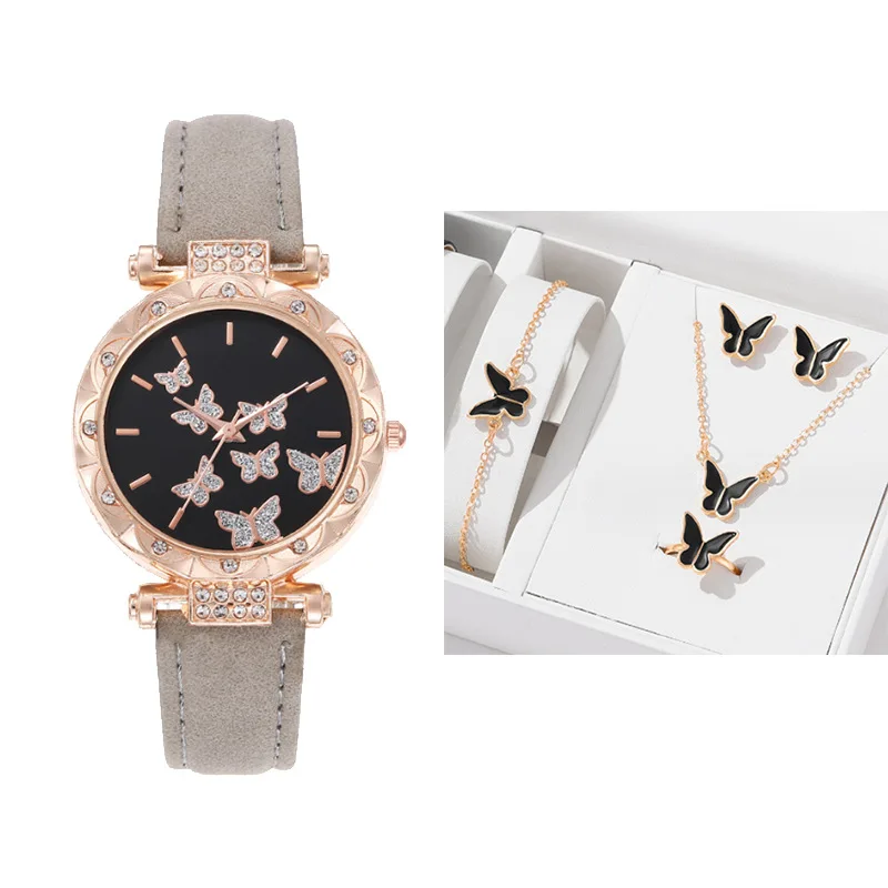 Women Watch Jewelry Luxury Gift Set Fashion 5Pcs/Set Ring Earring Bracelet Necklace Butterfly Set Watches Designer Ladies