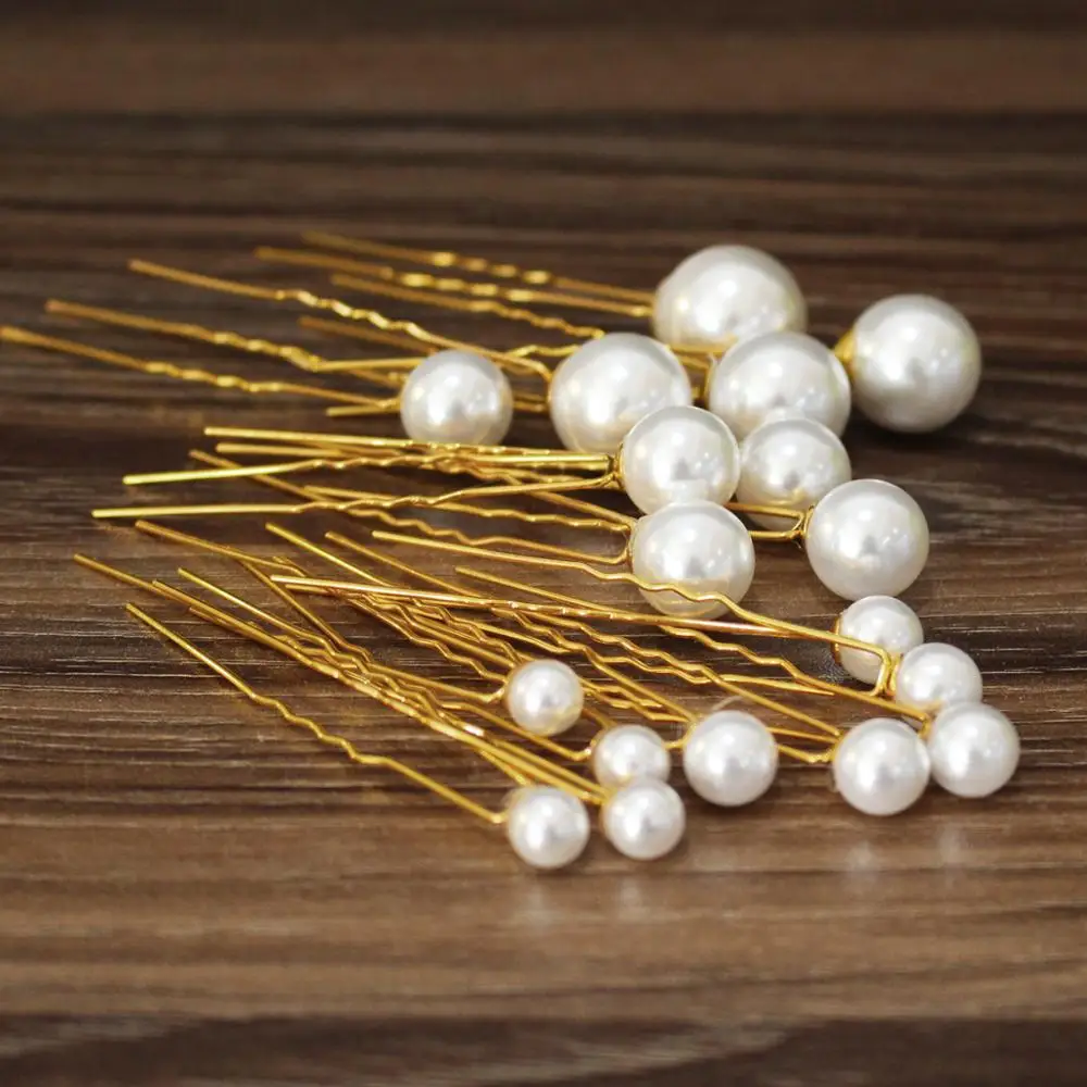 TB001 China handmade pearl hairpin set 18 pcs mixed size simple u shape alloy hot style hairpin for wedding