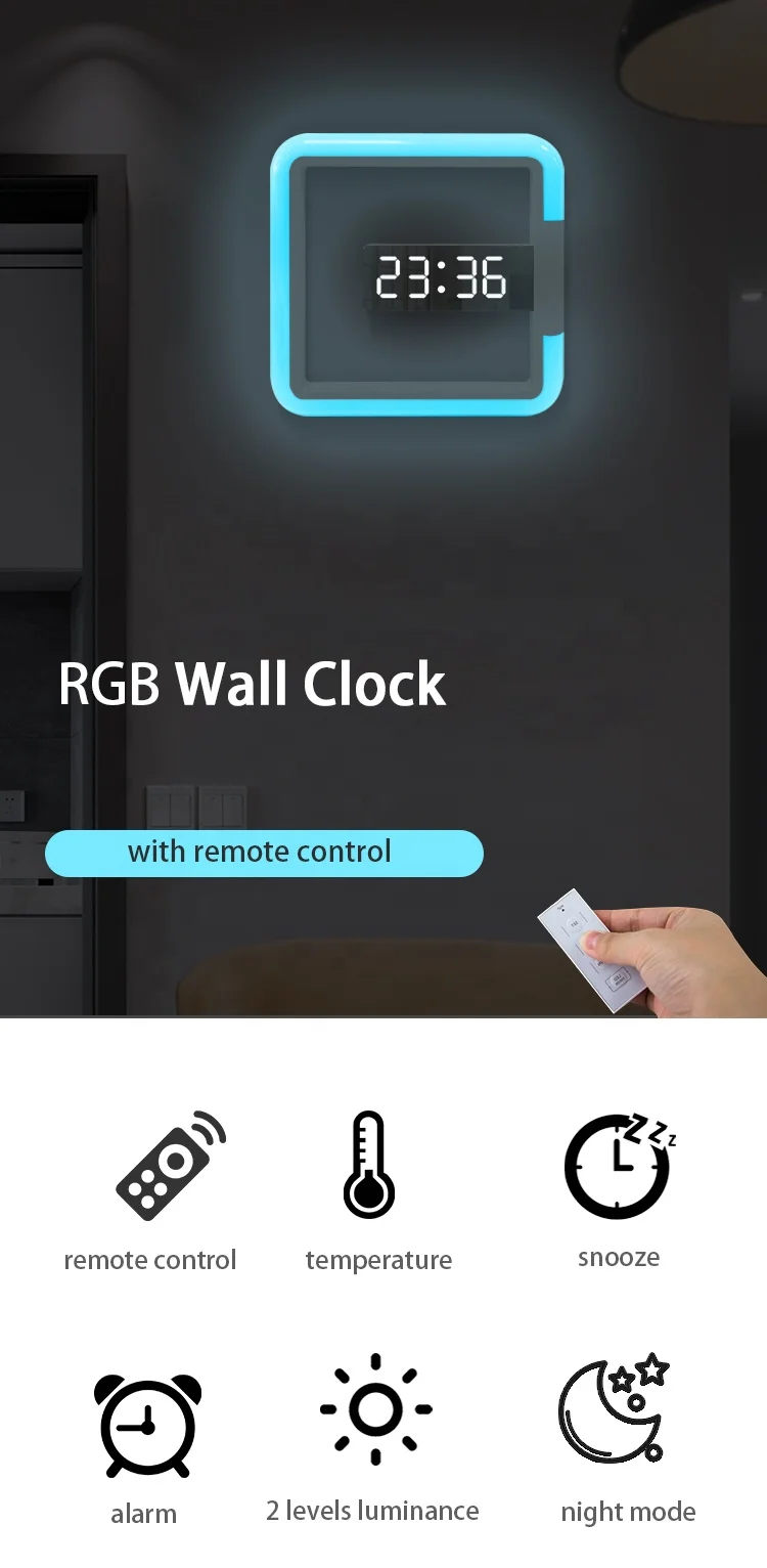 LED Mirror Wall Clock with Remote Control Creative Wall Hanging Digital Clock with Temperature 7 Color RGB Light