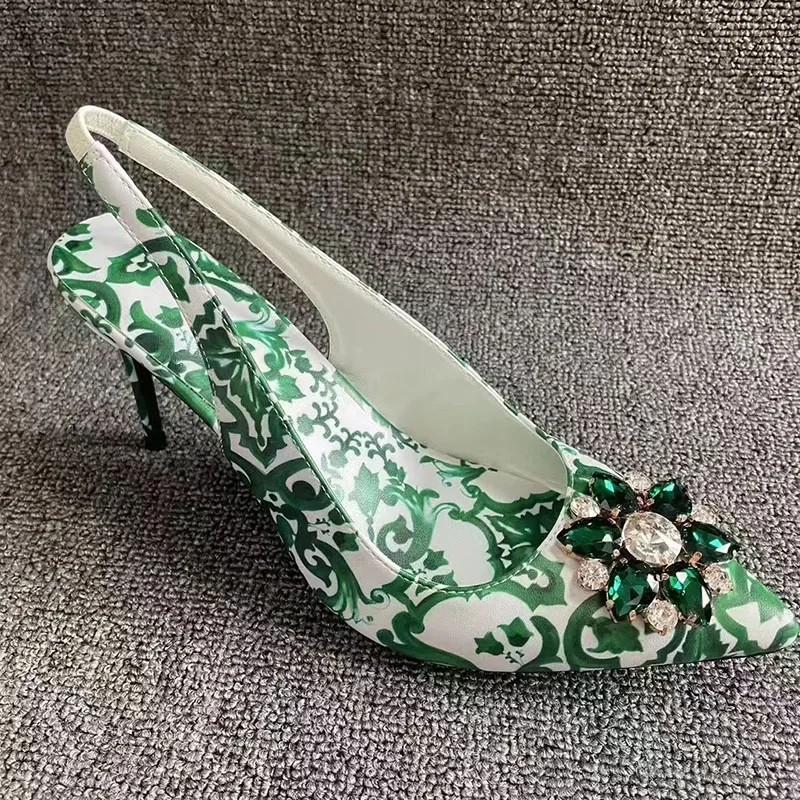 Blue White Porcelain Rhinestone Sandals Woman Pointed Toe Diamond Flower Thin High Heels Lady Sexy Party Shoes
