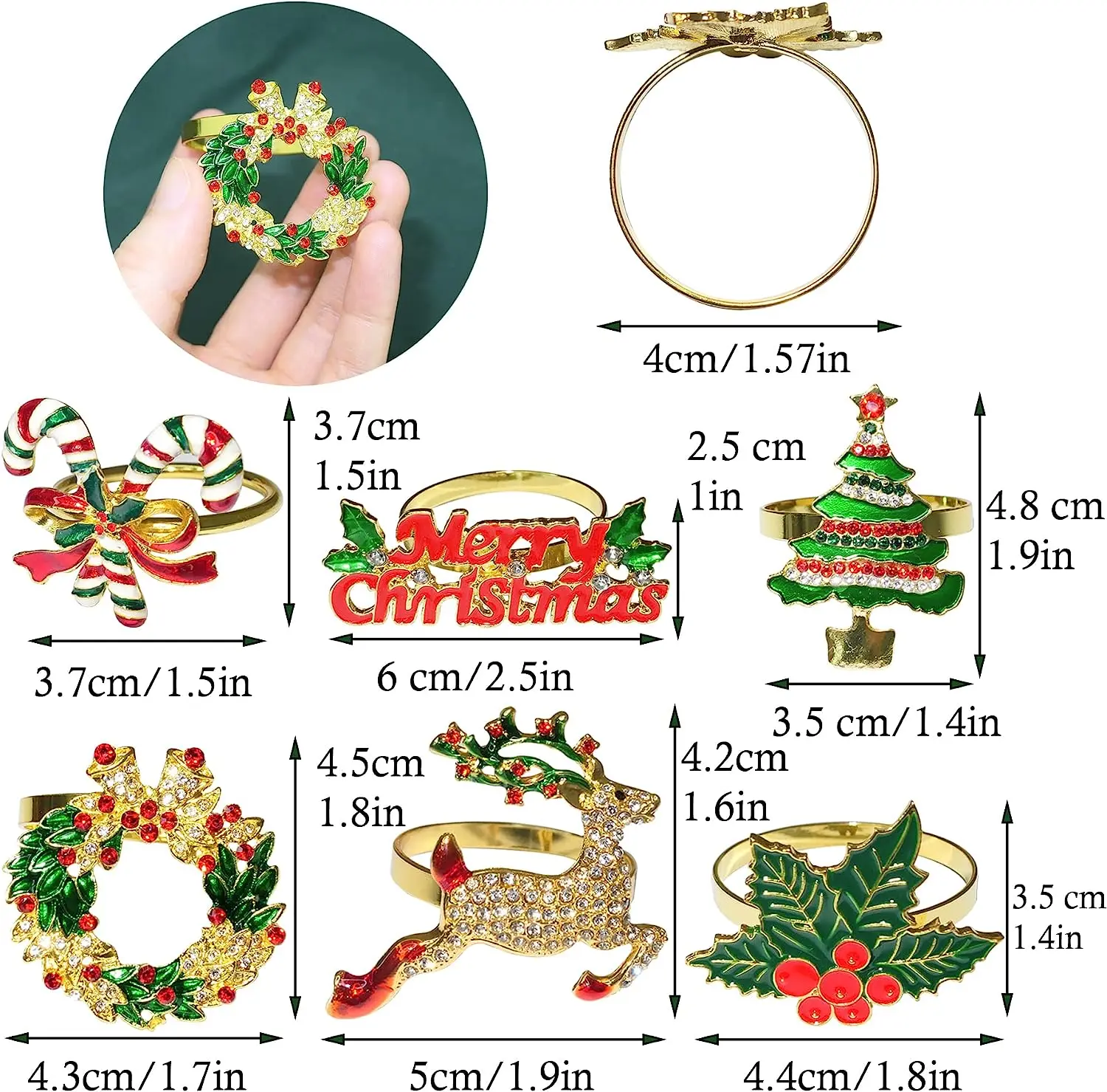 6PCS Xmax Napkin Rings Tree Wreath Rhinestone Napkin Holders for Holiday Dinner Setting and Christmas Party Table Decorations