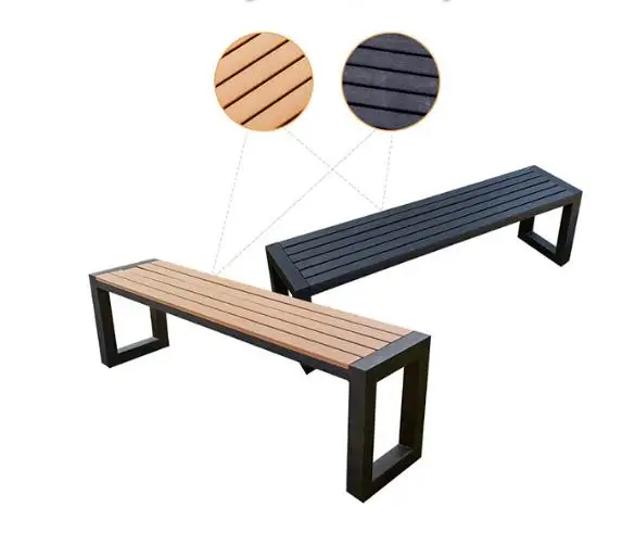 Outdoor Dining Set with Rectangular Metal Frame and Wood Like Tabletop Including 2 Chairs Bench Combining Plastic Wood Elements
