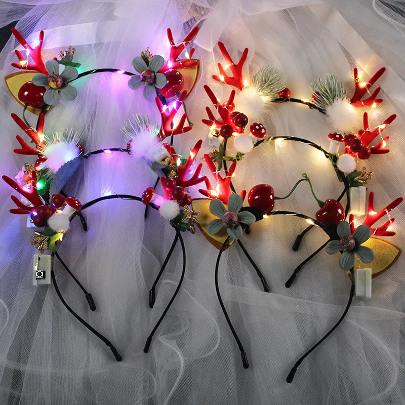 Reindeer Ears Antler Hairband LED Deer Hairband with Flower Berry Light Up Hair Hoop Christmas Headbands