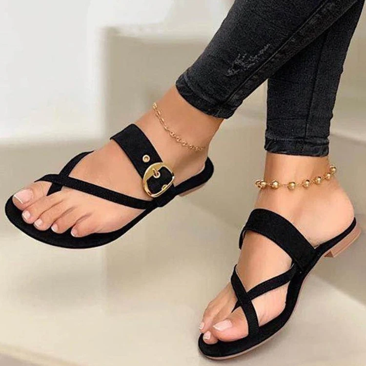 2024 NEW MZ Original Factory Wholesale Casual Beach Shoes Summer Fashion Slippers Metal Belt Buckle Ladies Flat Sandals For Hot