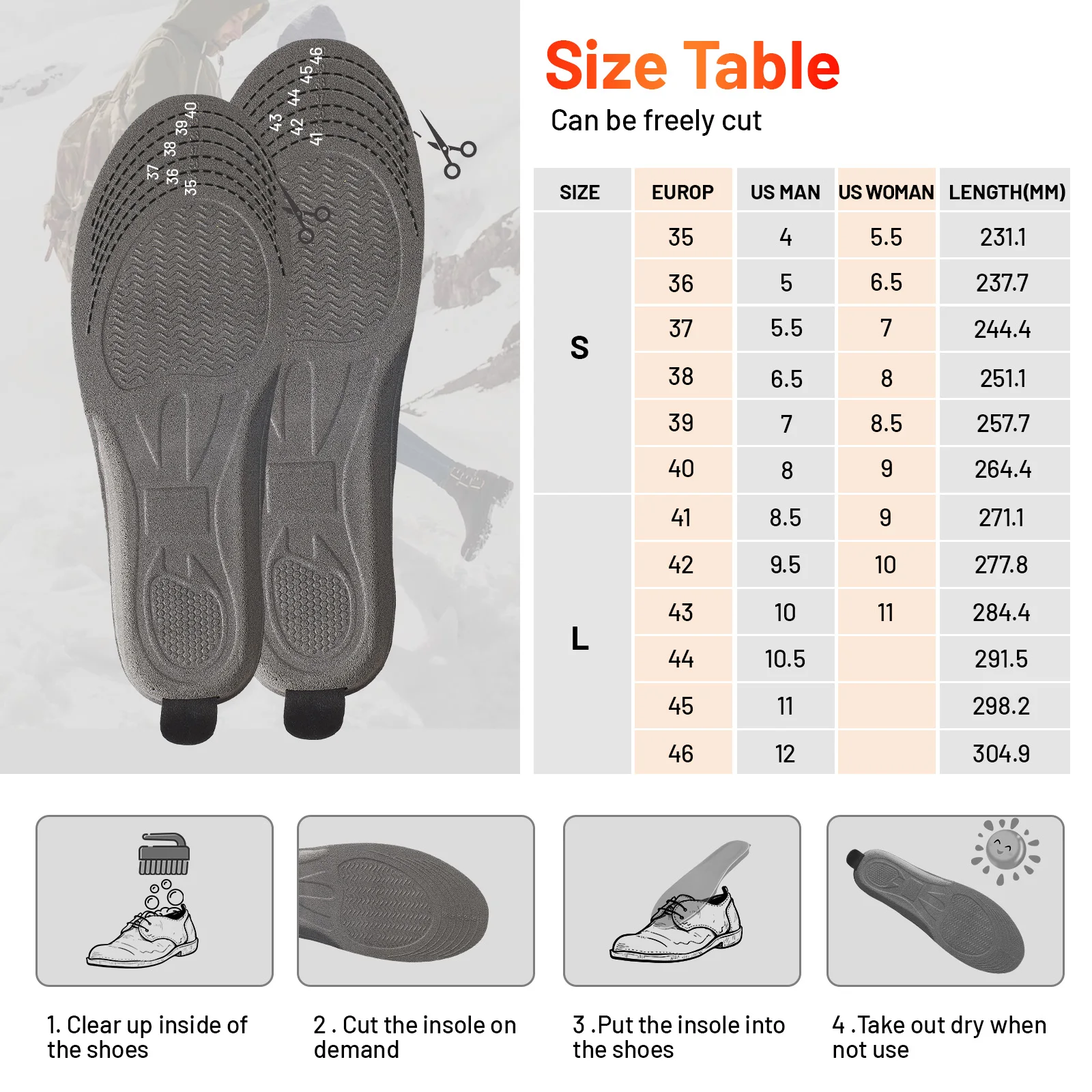 Heated Insoles With 3000mAh Li-ion Battery Insole Can Be Cut To Size Washable Foot Warmer Shoe
