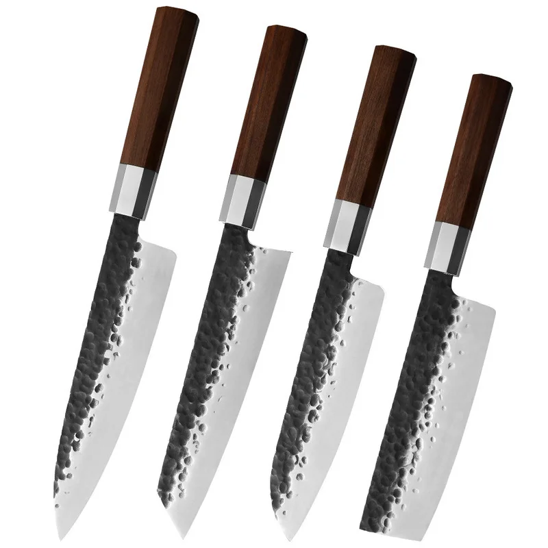 Черный кухонный нож с деревянной ручкой из аниса для шеф-повара с узором в виде молотка