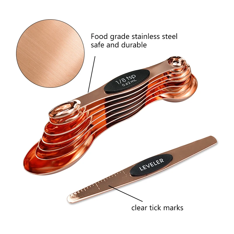 New Arrival  Stainless Steel Stackable Rose Gold Dual Sided Teaspoon Tablespoon Magnetic Measuring Spoons Set