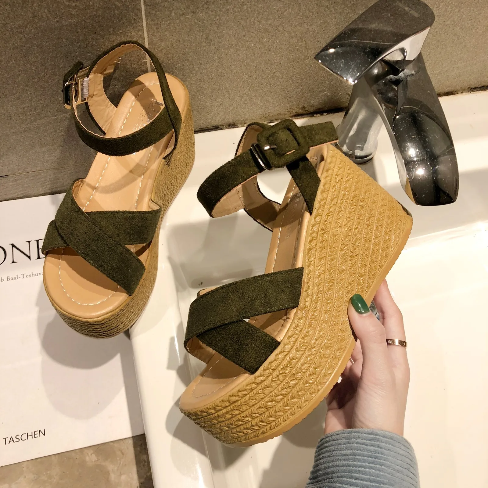 Exquisite Handmade Espadrille Shoes for Women Suede Leather Cross Strap Wedge Sandals