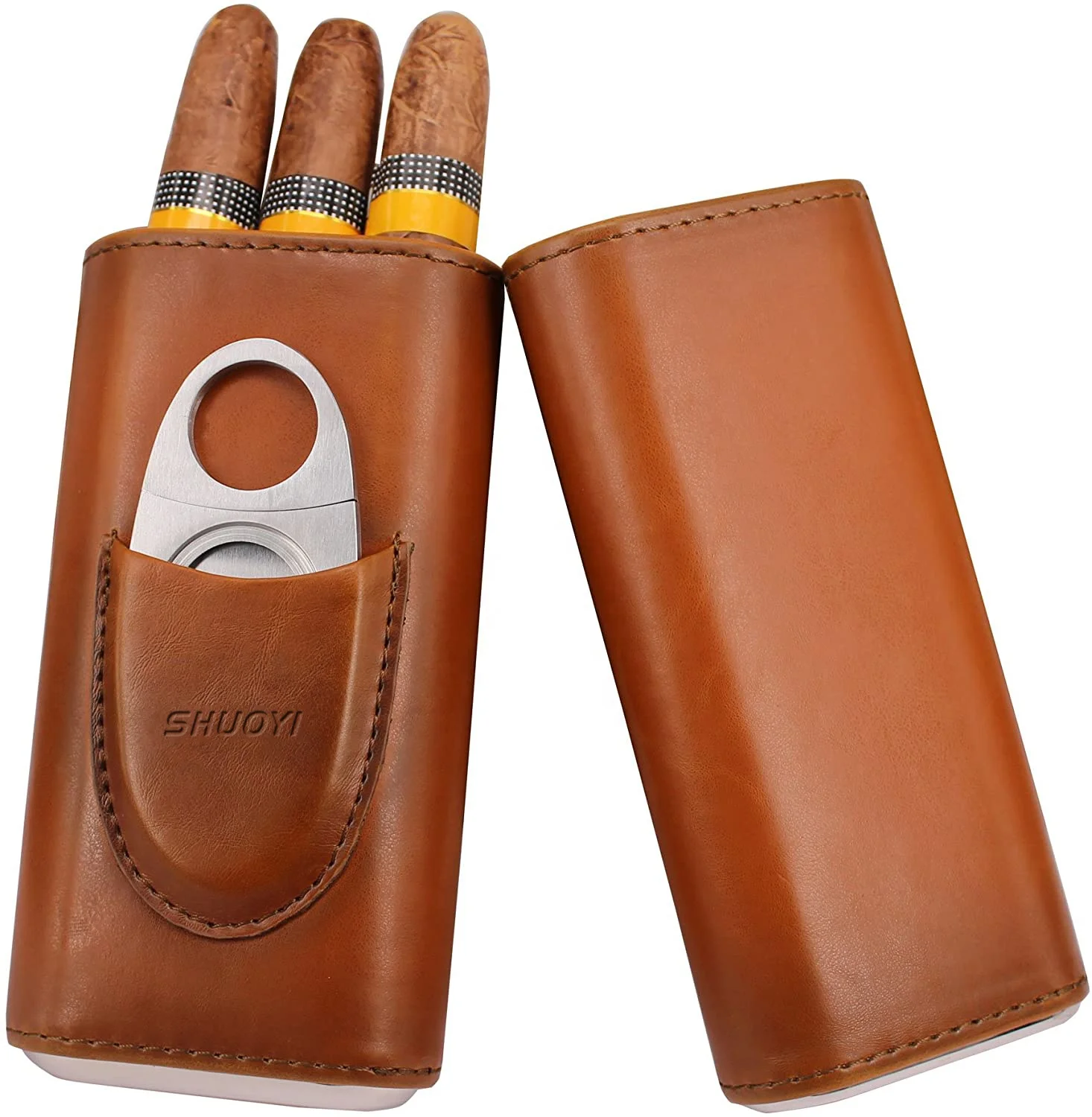Luxury travel 3- finger brown leather cigar case Manufacturer custom wholesale cigar tube accessories with cigar cutter