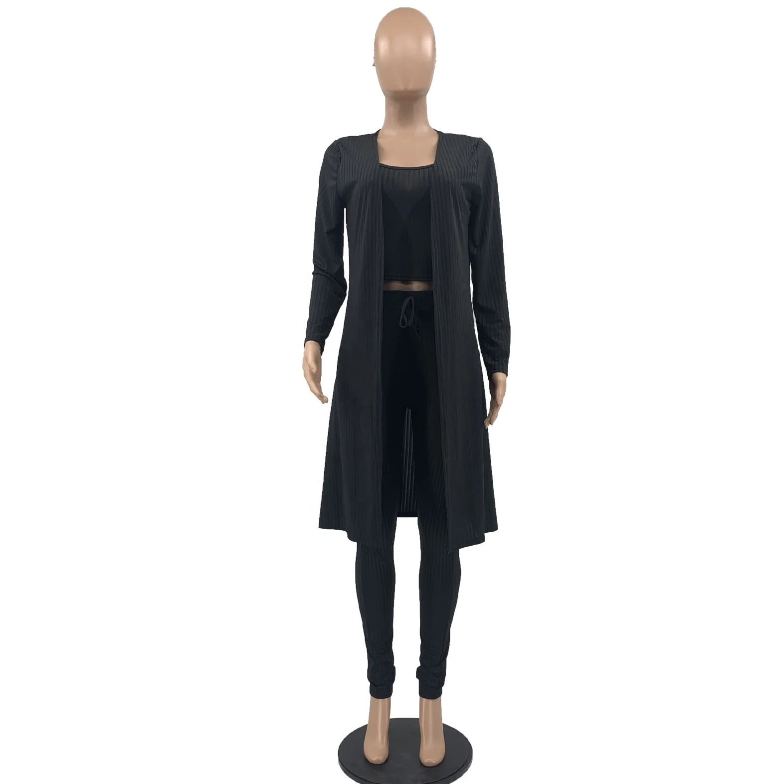 Fall Casual Clothing Sexy Crop Top Legging Pants Long Cardigan Coat Ribbed Lounge Wear 3 Piece Set Women