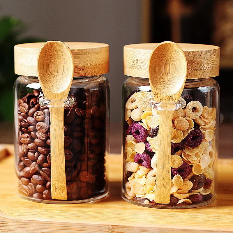 Airtight Glass Storage Container Jar with Bamboo Screw Lid and Spoon for Sugar Flour Honey and Coffee beans